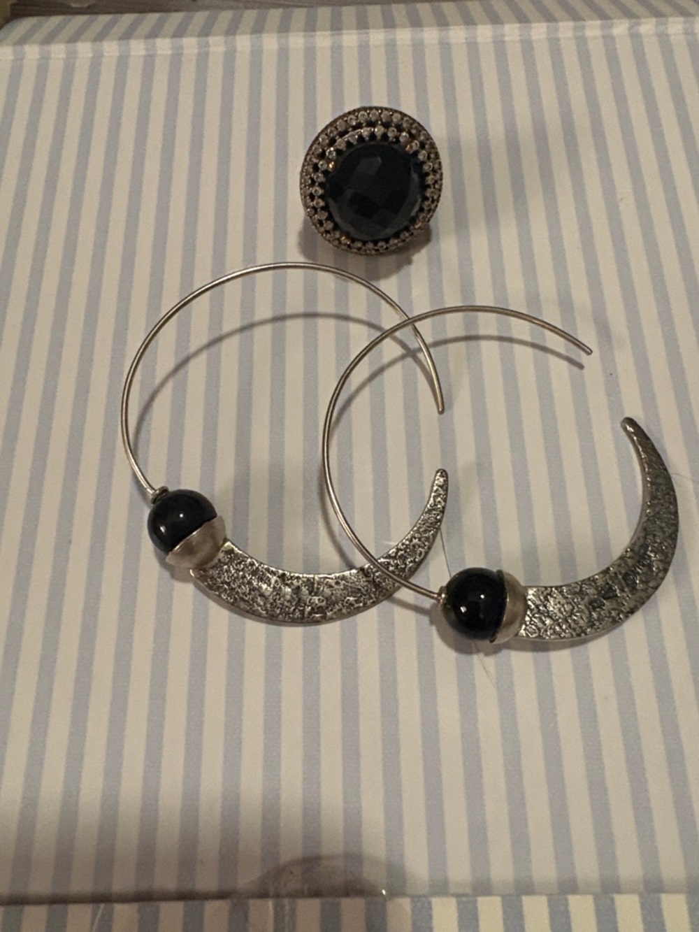 Sterling Silver Ring With Crescent Hoop Earrings with Black Onyx Accent